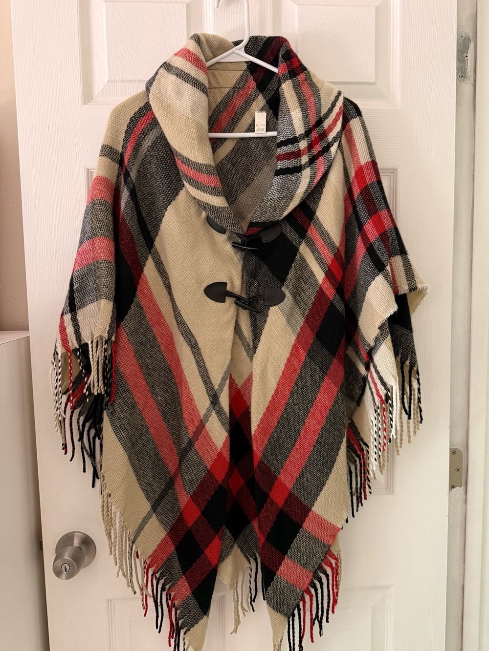 1946 Plaid knit Clock Cape Poncho Cape in Beige, Red & Black with Fringe Hem
